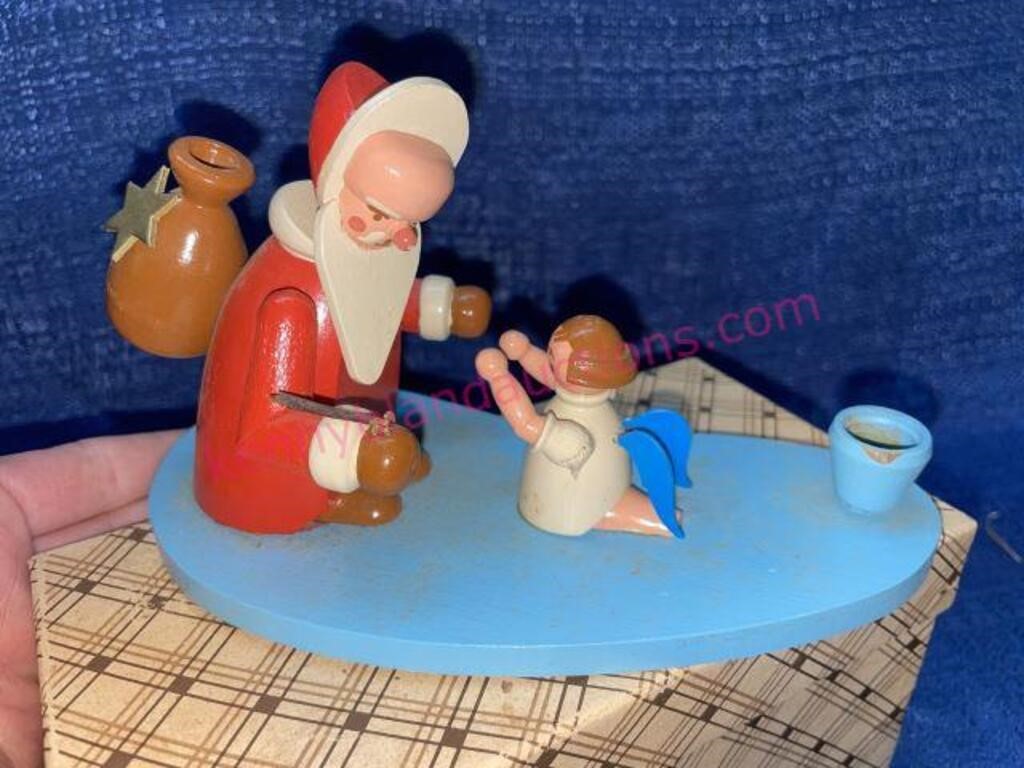 German wooden santa & angel w/candle holder in box