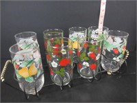 8 RETRO FRUIT TUMBLERS WITH METAL CARRIER