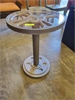 ROUND GLASS TOP TABLE-RAILROAD AXLE STYLE