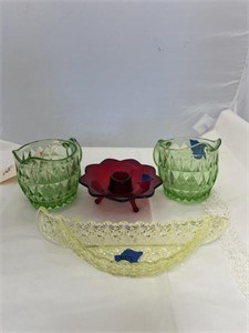 2 Green Glass Creamers Glass Candy Dish +