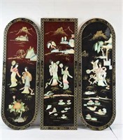 3 Chinese Panels of Colored Abalone Scenes