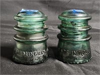 2 Antique Hemingray 10 green glass insulators