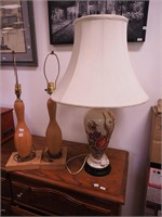 Three table lamps, one china with floral design,