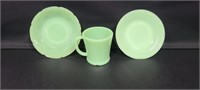 Jadeite cup and 2 saucers, one chip on plate and