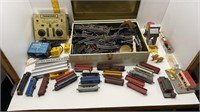 TIN BOX FULL OF N SCALE TRAINS-TRANSFORMERS-TRACK-