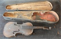 Early Violin in wooden case. Reverse of violin at
