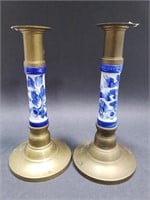 Pair of solid brass & ceramic candlesticks