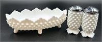 Fenton Milk Hobnail Footed Dish & S&P Shakers
