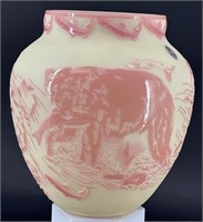 Fenton Burmese Sand Carved “Salmon Run” Vase By