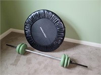 Pro-Form mini trampoline/ barbell and weights