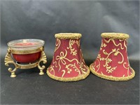 Gold Toned Candle Stand, Dark Red Lampshade Pair