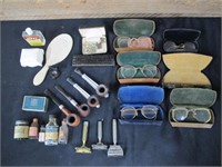 LOT OF GLASSES, PIPES, SHAVING AND MORE