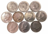 (10) 1964 J. F. K. 90% Silver Half Dollars