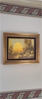 Ornate framed signed Sunset canvas oil painting,