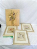 4 floral art pieces - 3 framed, 1 wood