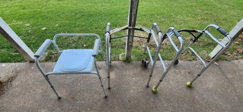 Elderly Potty Chair & Two Walkers