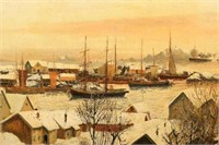 Oil on Canvas Boats in Winter Landscape