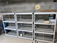 3 plastic shelving units items on and about not