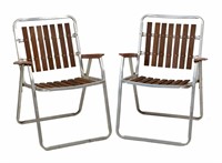 Pair of Aluminum and Redwood Lawn Chairs