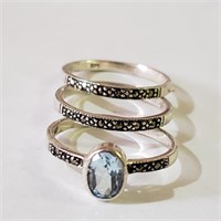 $120 Silver Set Of 3 Stacking  Marcasite  Blue Top
