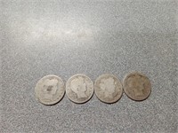 Silver Barber Quarters, 1907, 1897, 1908D, 1904.