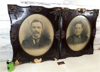 Pair of Oval Man & Woman Portraits in Ornate Wood
