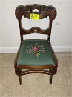 CARVED WOOD VINTAGE STYLE CHAIR WITH CROSS STITCH