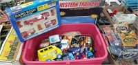 Tote of Misc Toys & Fire Trucks
