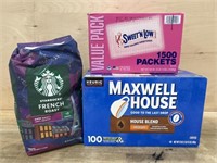100ct Maxwell house kcups, 1500ct sweet low