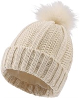 Girls' Winter Beanie Hat with Pompom, Beige