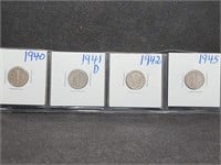 Lot of 4 Mercury Dimes: 1940, 1941 D, 1942, & 1945