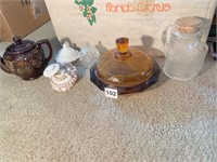 AMBER GLASS HEAVY COVERED CANDY DISH, TEA POT,