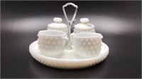 While Milk Glass Hobnail Sandwich Tray, Creamer &