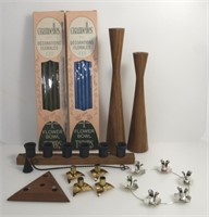 6 WOOD & METAL CANDLEHOLDERS & TAPER CANDLES