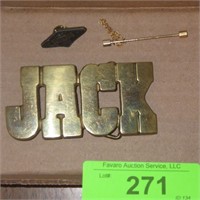 1978 "JACK" BRASS BELT BUCKLE, 1993 HARLEY MDA PIN