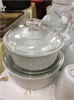 Two piece corning French white casseroles with