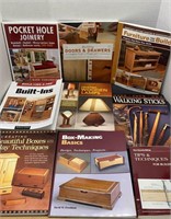 Woodworking book lot box, lamp, walking stick,
