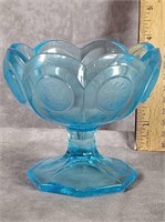 AQUA BLUE COIN GLASS FOOTED COMPOTE
