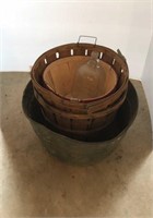 Bushel Baskets, Galvanized Tub, & Glass Jug