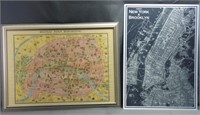 Two Vintage Maps Decor Wall Art- New York & Paris