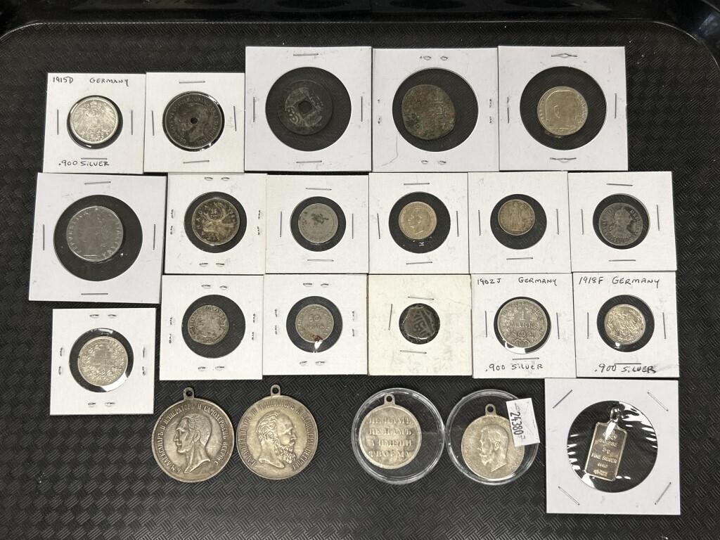 Foreign Coins, Silver German Coins & Pendant.