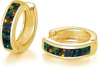 14k Gold-pl. Green Black Opal Huggie Earrings
