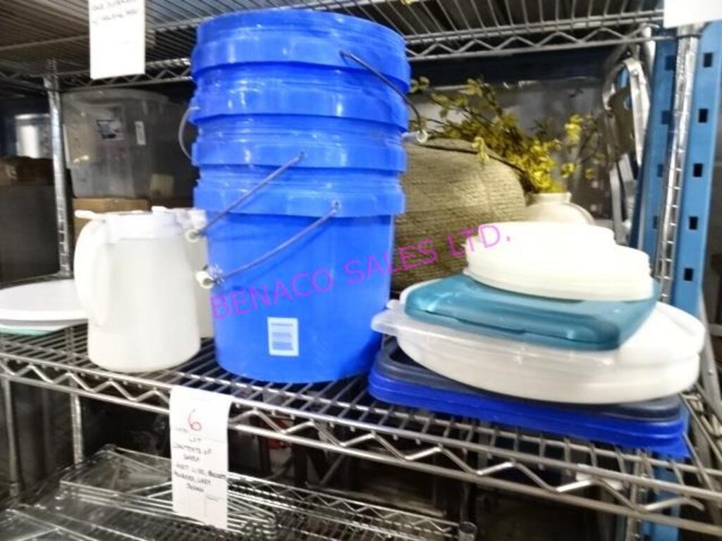 LOT,CONTENT OF SHELF,ASST LIDS,BUCKETS, POURERS