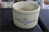 Blue and white stoneware butter crock