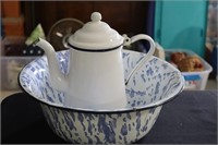 Agate blue & white wash bowl & coffee pot