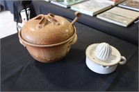 Pottery soup tureen with ladle signed by maker &