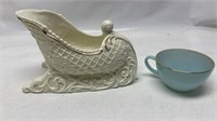 Fire King Blue Tea Cup & Sleigh Ornament lot