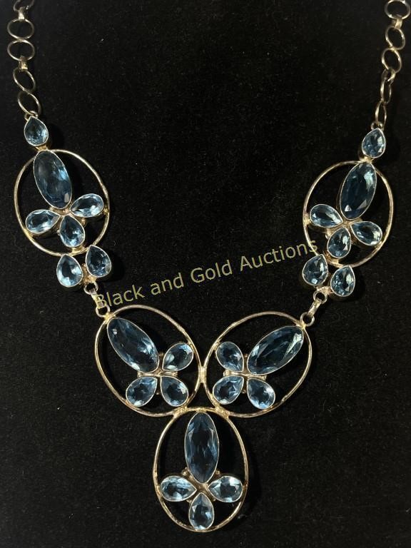 Large Ornate Sterling Silver Blue Gem Necklace