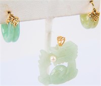 Jewelry 14kt Yellow Gold Jade Earrings & Pendant