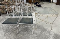 Mid Century Wrought Iron White Square Table and Si